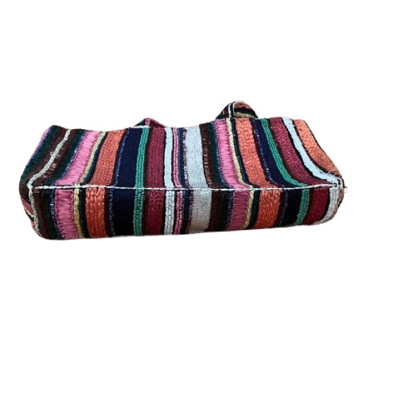 Vintage Multi-Colored Striped Raffia & Seed Beads Purse | Short Fabric Handles - Picture 2 of 7